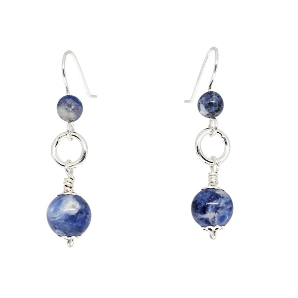 Blue Sodalite Gemstone Beaded Silver Tone Hoop Dangle Earrings Handmade Boho